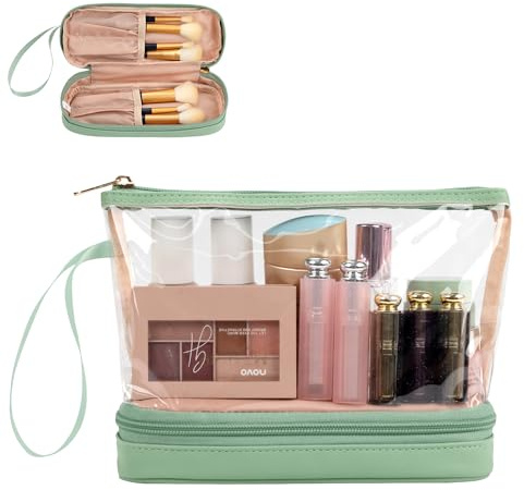 Clear Makeup Bag with Brushes Compartment Travel Toiletry Bag Green | Compact Lightweight Portable Convenient Brushes Separate Organizer Travel Essentials Gifts for Women/Girls