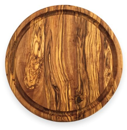 The Goldcoin Planche à découper ronde en bois d'olivier avec rainure à jus Ø 32 cm Plateau de service fait main