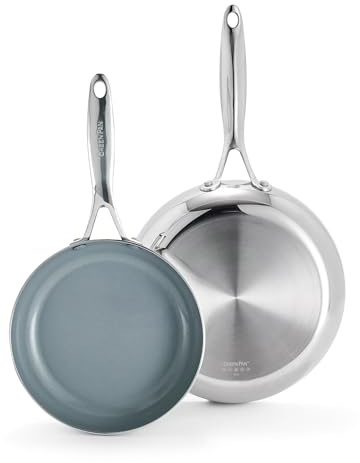 GreenPan Valencia Pro Tri-Ply Stainless Steel 8” & 10” Frying Pan Skillet Set, PFAS-Free Ceramic Nonstick Coating, Induction Ready Cookware, All Cooktops, Eggs & Omelets, Dishwasher & Oven Safe 600F