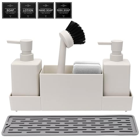 Haisheng 1 Set Kitchen Soap Dispenser, Beige 2 Pack Soap Dispenser Bottle with Pumps, Sponges, Brush, Drainer Tray, 350ML Shampoo Lotion Bottle for Kitchen and Bathroom