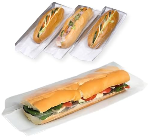 Clearly 500 Baguette Bags 4x6x14 Inch (10x15x35cm) White Paper With Clear Window Film Front, Cellophane for Sandwiches, Bakery, Cookies Packaging, Takeaway Food