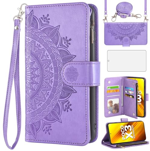 Asuwish Funda de teléfono para Xiaomi Poco X3 Pro/PocoX3 NFC/Poco X3 Funda tipo cartera con tapa con protector de pantalla y tarjetero de flores de mandala con soporte Cell Mi PocoX3NFC Pocco X 3 3X