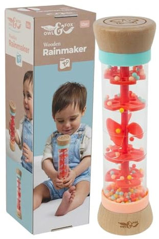 Owl & Fox Wooden Rainmaker Baby Rattle Toy - Soothing Sounds, Sensory Development and Music Exploration, Bold Colours for Visual Stimulation, Made from FSC Certified Wood, Perfect for Ages 12+ Months