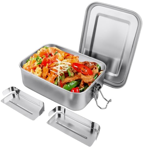 ASelected Stainless Steel Lunch Box, 850ml Metal Lunch Box for Adults with 2pcs Removable Divider, 16.5x12.1x6cm Leakproof Metal Bento Box with Snap-on Buckles for Salad Sandwich