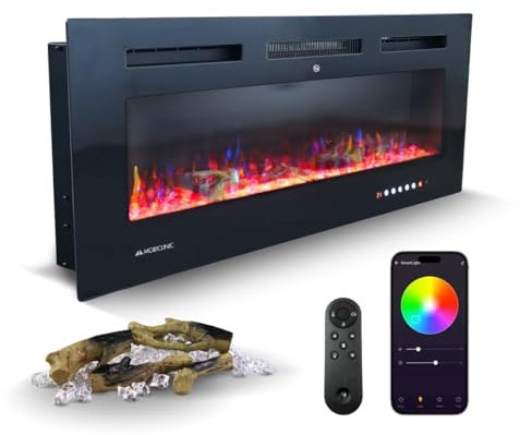 Mobiclinic®, Elektrokamin, Elektrischer wandkamin, 900/1800w, Fernbedienung und wifi app-funktion, Kamin elektro, Überhitzungsschutz, 15 variable farben, Timer, Fury, Für räume ab 25 m2