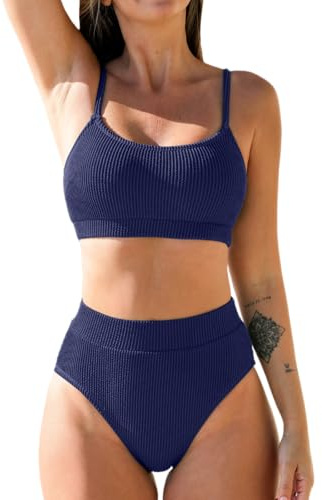 CUPSHE Bikini set för kvinnor, U-ringning, hög midja, tank, sport, bikini, strukturerat badmode, tvådelad baddräkt, baddräkt, Marinblå, M