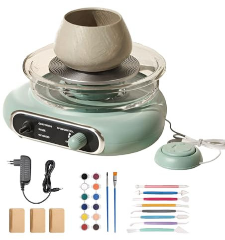 YCBTREE Elektrische Töpferscheibe mit stufenloser Geschwindigkeit & Fußpedal-Stopptaste - 12cm Pottery Wheel + 8-teiliges Zubehörset - Töpferset für Zuhause (Grün)