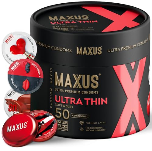 MAXUS Ultra-Thin, 50 Lubricated Condoms for Men, Regular Fit, Natural Latex, Easy-On Shape, Premium Quality, Includes Stylish Metal Case, Pack of 50