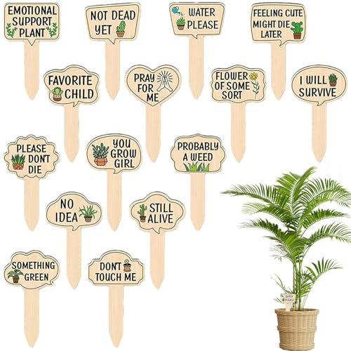 Marcatori Piante - Etichette Impermeabili Per Esterno - 15 Picchetti In Legno Frasi Divertenti Per Vasi Da fiorre, Orto, Serra E Giardinaggio | Etichetta Per Piante Stecca In Legno Impermeabile