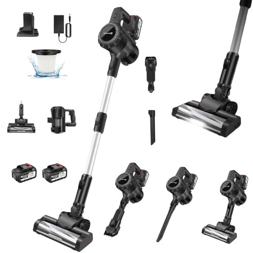 Powerful Cordless Vacuum Cleaner with LED, 2x1300mAh Rechargeable Battery, 15000PA Multifunction Stick Vacuums & Electric Brooms, 6-in-1Self-Standing Lightweight Handheld Upright Vacuum for All Floors