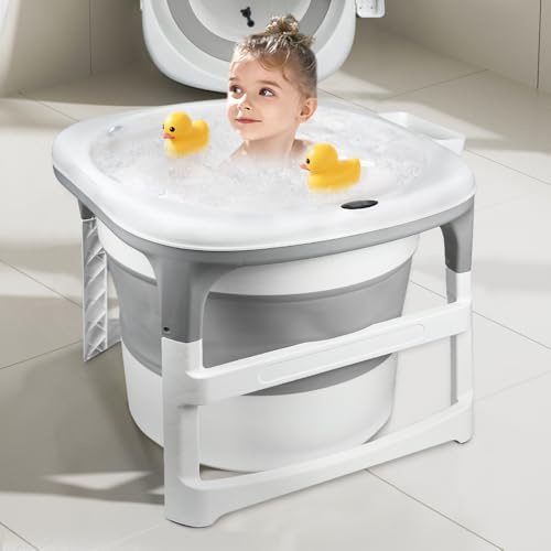 Grand Baignoire Pliable Bébé, Douche Bebe XXL, Pieds Antidérapants, Bouchon de Vidange -3 en 1 (Gris, Rond, 67x67x61cm)