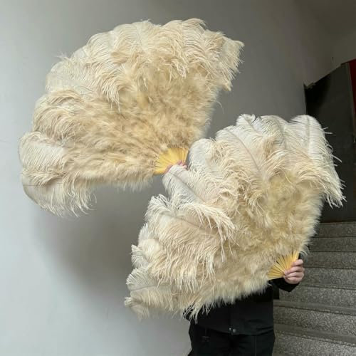 Éventails en plumes d'autruche rose pêche naturelles 100/130 cm, pliables, à main, pour décoration de fête d'Halloween, de danse du ventre - 47 kaki foncé - Grand éventail, 1 paire (deux)