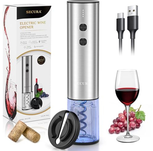 Secura Stainless Steel Electric Wine Opener, Rechargeable Automatic Wine Bottle Opener with Foil Cutter & Charging Cable, Reusable Corkscrew Wine Opener Electric for Home Party Bar Outdoor, Silver
