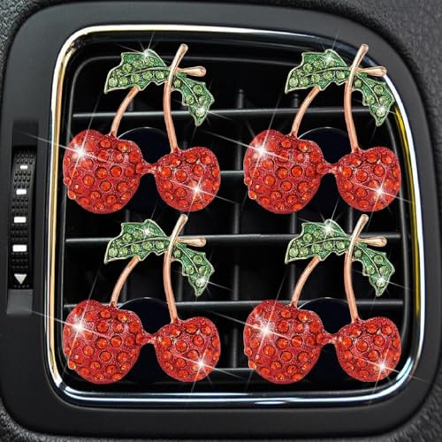 4 Stück Cherry Decor Lüftungsschlitz-Clips, Autozubehör, stilvolle Lufterfrischer, Auto-Zubehör für Damen, Innen-Upgrade, Kirsch-Strass-Clip, niedlich, Auto-Innendekoration für Frauen