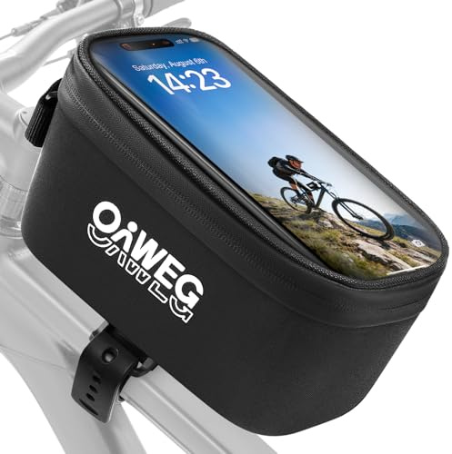 OnWEG 2-IN-1 Fahrradtasche Rahmen, Rahmentasche Lenkertasche mit Schnellverschluss, Wasserdicht mit Große Kapazität Handytasche mit TPU Touchscreen, Oberrohrtasche für 20-40mm Rahmen&Lenker