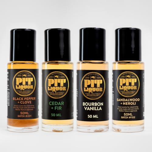 Pit Liquor Rustic Roller Bundle, Natural Deodorant, Roll-On, 4 Scents (Black Pepper + Clove, Bourbon Vanilla, Cedar + Fir, Sandalwood + Neroli), 50mL Each