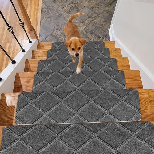 MeYuxg Lot de 15 Tapis Escalier Antidérapant Autocollants, Antidérapants Réutilisables Moquette Escalier, 55 x 19 cm Marchettes d'escalier, pour Protéger Animaux, Seniors, Enfants (Gris Foncé)