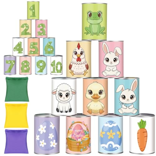 ShinyRelief Set di 13 pezzi di Pasqua Carnevale Knockdown Can Game Set Bean Bag Lancio Gioco per Bambini Adulti Lancio Knockdown 10 Lattine con Coniglietto Uovo Carota 3 sacchi di sabbia per Pasqua