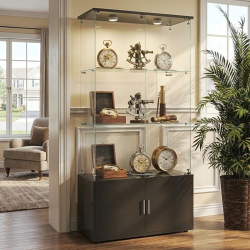 Zorvani Glasvitrine Standvitrine mit LED-Beleuchtung, 3 Lagen & abschließbaren Türen, Vitrinenschrank aus Holz & Glas für Sammlervitrine, Wein, Wohnzimmer, Schlafzimmer