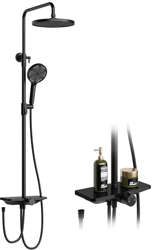 RBFGYIOP Regendusche Ohne Armatur Mit Ablage, Duschsystem Mit Verstellbarer Duschsäule Aus Edelstahl, Überkopfbrause 25cm Rund, Handbrause 3 Strahlarten, Wasserfall Auslauf, Dusch Set Schwarz