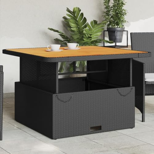 Mesa de comedor de mimbre para exteriores con parte superior de madera de acacia ajustable, acero resistente para patio y jardín, piel resistente a la intemperie, perfecta para entretenimiento al aire