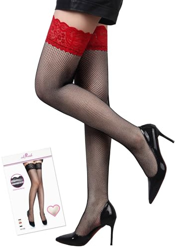 comeondear Bas Autofixants Femme Sexy Grande Taille Bas pour Porte-Jarretelles avec Silicone Résille Dentelle Transparente Chaussettes en Filet de Nylon 20 DEN en Boîte Noir A,3XL-5XL