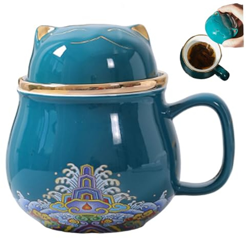Loose Leaf Tea Mug 320ml Ceramic Cat Mug Cute Cat Cups with Infuser and Lid for Tea Bag, Coffee, Milk, Travel Office Home Kitchen.
