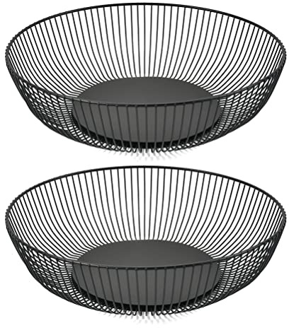 2PCS Black Wire Fruit Basket, Black Fruit Bowls, Basket Metal Wire for Fruitss, Countertop Bowl Fruits 28x7.5cm Countertop Metal Fruit-Bowls, Modern Wires Large Round Basket for Fruits Vegetable Snack
