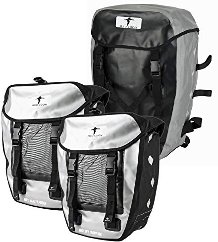 Red Loon 3er Set 2 x robuste Fahrradtasche aus LKW-Plane 1 x Fahrrad-Rucksack – wasserdichte Doppelpacktasche + Rucksack in Silber
