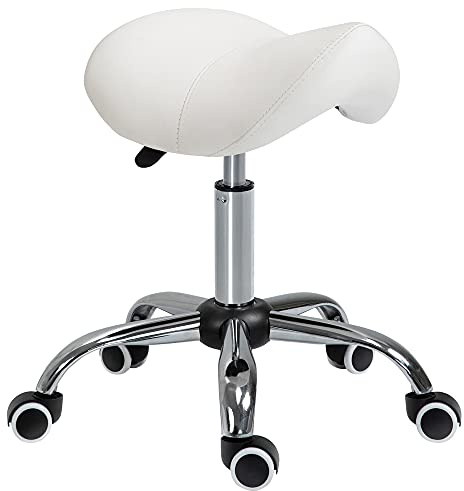 HOMCOM Taburete con Ruedas Taburete Giratorio Cosmético con Altura Ajustable Asiento Acolchado y Amplio Dentista Peluquería Carga 120 kg 52x53x49-61 cm Blanco