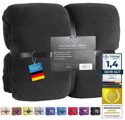 Feluna Plaid XXL tout doux, Couverture en microfibre, Jeté de lit, Toucher cachemire 220 x 200 cm noir