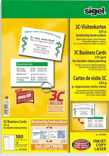 Sigel Visitenkarten Inkjet/Laser/Kopier 3C 225g/qm beidseitig VE=100 Stück