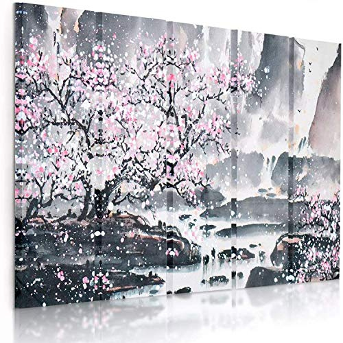 Feeby Bilder 5 Teile Kirschbaum 200x100 cm Typ C Wohnzimmer Schlafzimmer Büro Flur Küche Wandbilder Modern Bild auf Leinwand Wanddekoration Kunstdruck Design Rosa Grau