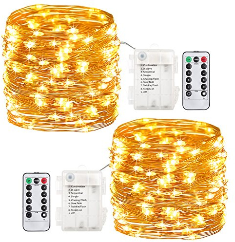 GDEALER 2 Pack 20 Feet 60 Led Fairy Lights Battery Operated with Remote Control Timer, 8 Modes Waterproof Copper Wire Twinkle String Lights for Bedroom Party Indoor- Warm White