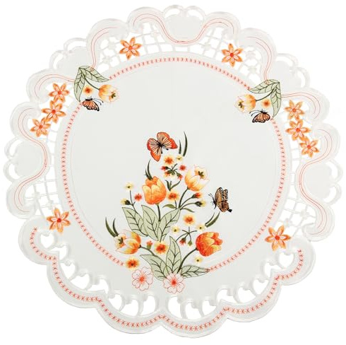 Quinnyshop Orange Tulpen und Schmetterlinge Stickerei Mitteldecke 60 cm Rund Polyester, Weiß