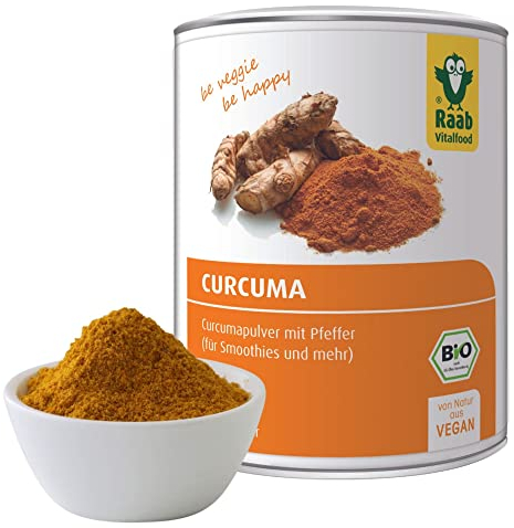 Raab Vitalfood® Naturland Bio Curcuma Pulver (100 g) - Curcuma Pulver in Naturland Bio Qualität, 5% Curcumingehalt, ergänzt mit Piperin aus schwarzem Pfeffer, ohne Zusätze, vegan