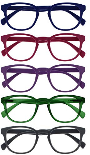 OPULIZE Pop Lesebrille 5er Pack Keck Rund Matt Rahmen Federscharniere Kratzfest Blau Rosa Lila Grün Grau Herren Damen RRRRR2-34567 +3.00