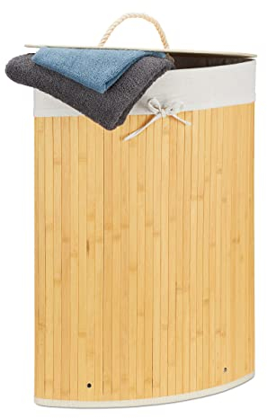Relaxdays Cesto Ropa Sucia Esquinero, Cubo Colada Plegable con Tapa, Canasta, Bambú, 60 L, 65 x 49,5 x 37 cm, Crema