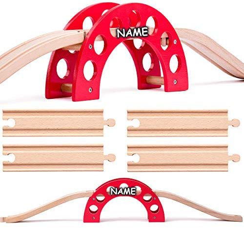 Set: Holz - Brücke + 7 Schienen - für Holzeisenbahn - inkl. Name - passend für alle Schienen-Systeme & Straßen - z.B. Brio/Heros/Eichhorn/IKEA/Woody u..
