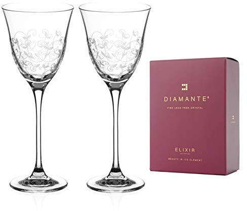 DIAMANTE Red Wine Glasses Pair - ‘Floral’ Collection Hand Etched Crystal Wine Glasses - Set of 2