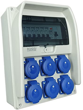 RoadEu - Coffret de chantier 230V - 6x prises avec interrupteur - répartiteur de prises avec disjoncteur différentiel 40A type A/AC - 6x LS C 16A - IP44 idéal pour les ateliers et les usines