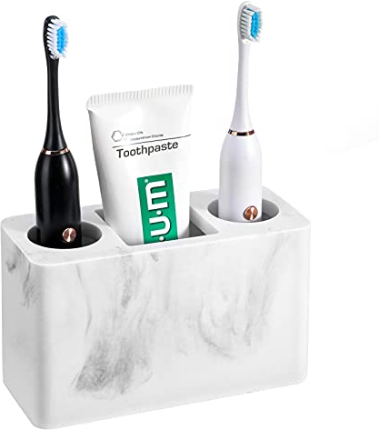 Luxspire Toothbrush Holder, 3 Slots Large Electric Toothbrush Toothpaste Stand, 16x7x9.6 cm Resin Storage for Bathroom Accessories Set Vanity Counter Sink Organizer Caddy Marble- Gravel White