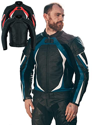 Texpeed Chaqueta de Moto de Cuero para Hombre – Chaqueta Racing Perforada para Motociclistas con Protecciones Biker (EN 1621-1) – Azul – M