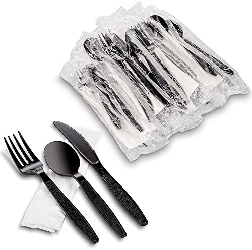 MT Products Black Individually Wrapped Plastic Cutlery Set - Disposable Heavy Weight Utensils - Pack of 50