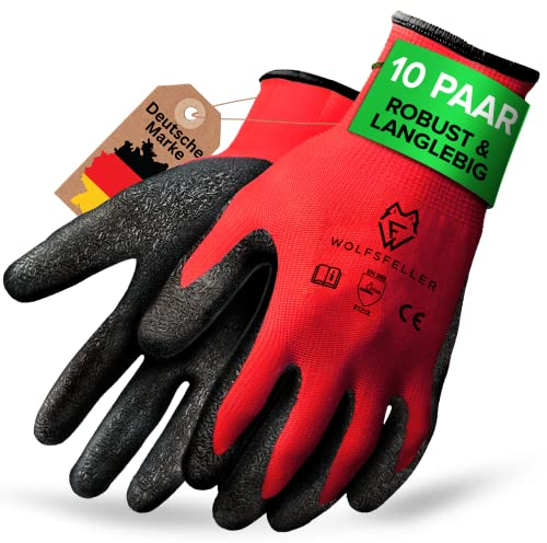 WOLFSFELLER 10 Paar robuste & komfortable Handschuhe Arbeitshandschuhe Herren Gr 9 - Arbeitshandschuhe Damen - Gartenhandschuhe Herren - Mechaniker Handschuhe mit Latex Beschichtung