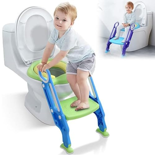 Aufun Toilettensitz Faltbar Kinder Toilettentrainer, Baby Kindertoilette mit Trppen und Griffe, 2 Höhenverstellbar mit rutschfest Stufe(Blau und Grün)
