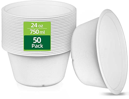 HOMURG Weiße Papierschalen Groß 750 ml, Umweltfreundliche Einwegschüssel aus Zuckerrohr, Kompostierbar Pappschüssel und Suppen Schüssel Mikrowelle, Geburtstags Weihnachts Pappschüsseln Party 50 Stück