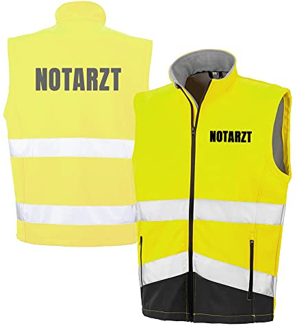 Fassbender-Druck WARNWESTEN - NOTARZT Sicherheitsweste GELB aus Softshell - Gelb Warnweste nach EN ISO 20471 zertifiziert - Unisex und hochwertigem Reflektorstreifen