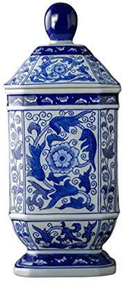 AMITVA Keramik Teedose mit Deckel Blau Weiß Porzellan Moderne Chinoiserie Ornamente Porzellan Gläser Behälter für Arbeitsplatte dekorative Aufbewahrung Dekor-B hoch 30 cm