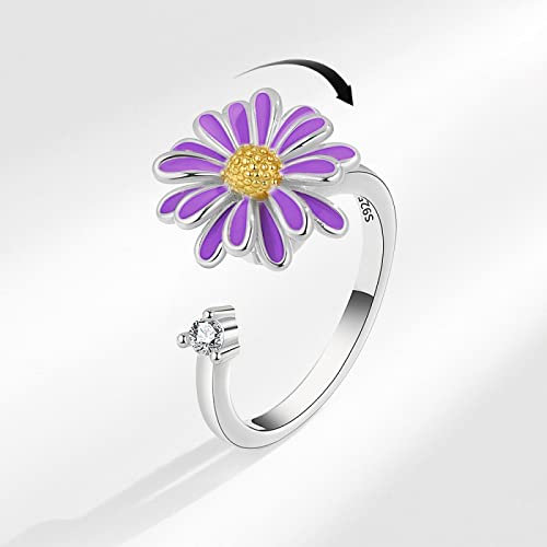Bysonglezai Ringe Ring Damen Herren Offener, Verstellbarer Emaille-Gänseblümchen-Blumen-Spinner-Ring, Geschenke, Rotate Anxiety Figet Spinner-Ringe Für Frauen, Größenverstellbar, L